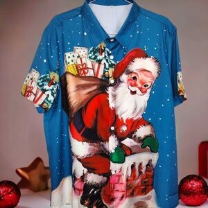 Santa Shirt Mens Sz Medium‎ Button Front Christmas Claus Holiday